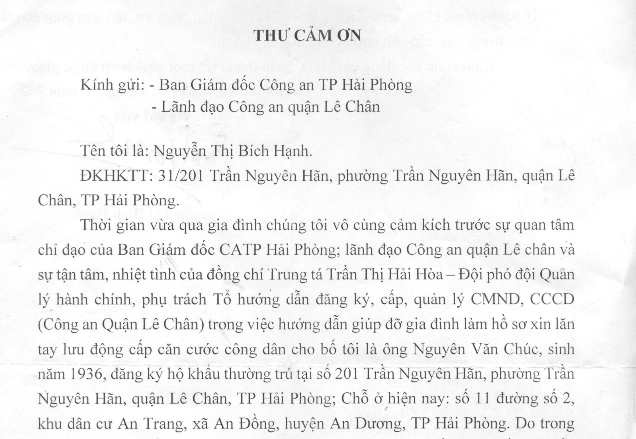 Bà Nguyễn Thị Bích Hạnh gửi thư cảm ơn lực lượng Công an cấp căn cước công dân cho bố bị đau ốm không đi lại được.
